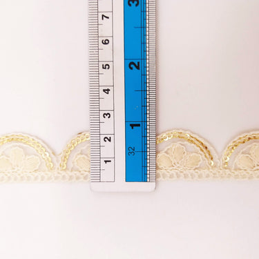 Off White Scallop Lace Trim Embroidered with Gold Sequins, Cutwork Trim, Scallops Wedding Trim